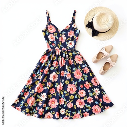 Spring Fashion Floral Dress And Hat Flat Lay