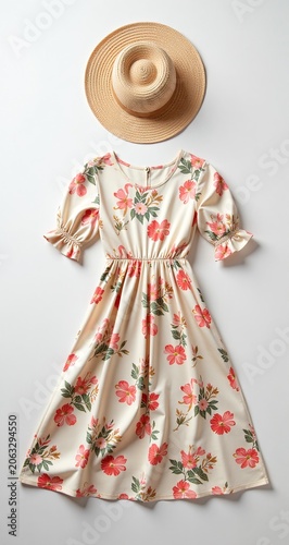 Spring Fashion Floral Dress And Hat Flat Lay