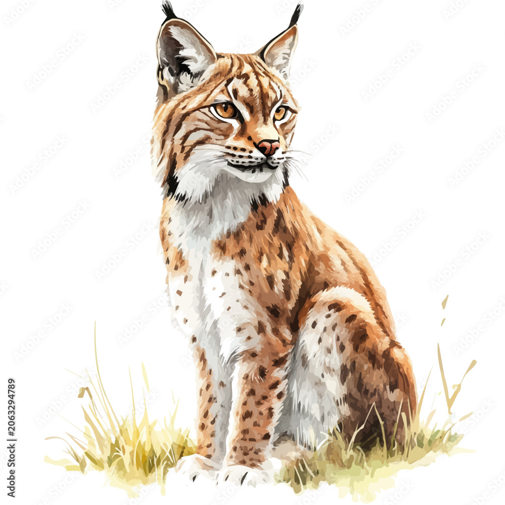 Fototapeta premium Lynx, watercolor vector portraying a joyful pose with colorful highlights, isolated on a white background.