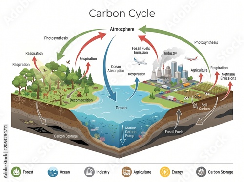 The Carbon Cycle infographic illustrates environmental processes globally.
