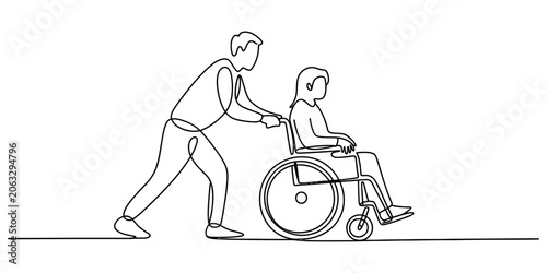 Photos Person pushing another person in a wheelchair, simple line art illustration