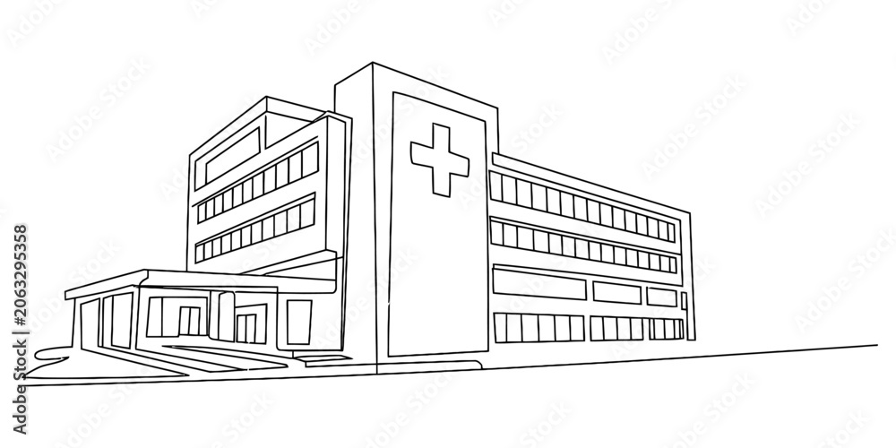 Naklejka premium Hospital building with a large cross symbol, line art drawing
