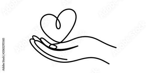 Single line drawing of a hand holding a heart symbol
