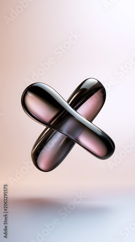 Abstract 3d chrome metallic shape forming an x symbol, featuring a glossy dark pink and black reflective surface, floating on a gradient background for modern graphic design