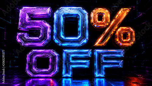 Bright neon fifty percent off sale sign glowing in darkness with discount percentage marketing
