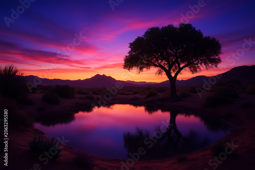 Majestic landscape view featuring a lone tree mirrored in a quiet desert pond during sunset