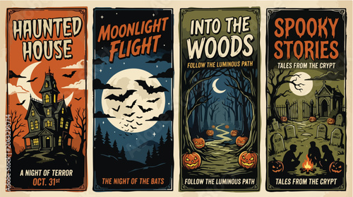 Collection of vintage style Halloween book covers with spooky illustrations and creepy titles