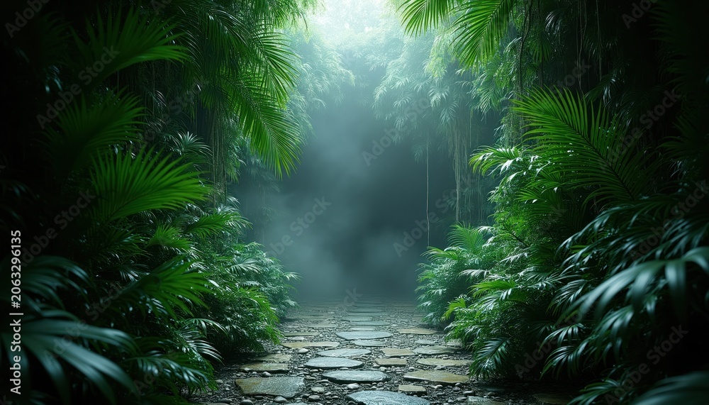 Fototapeta premium Stone path leads through dense green jungle foliage and soft mist. Lush leaves and vines create a mysterious natural tunnel opening to bright light.