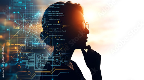 Woman silhouette thinking with digital circuit data overlay representing technology and computing