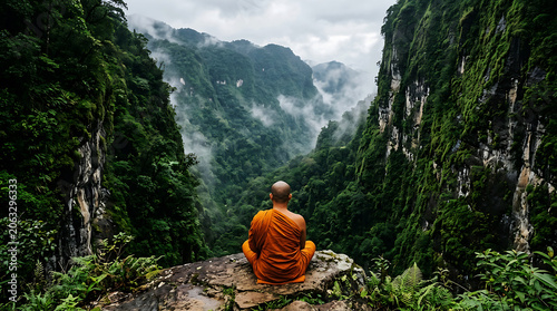 Buddhist monk meditating on cliff edge overlooking misty mountains and deep jungle valley