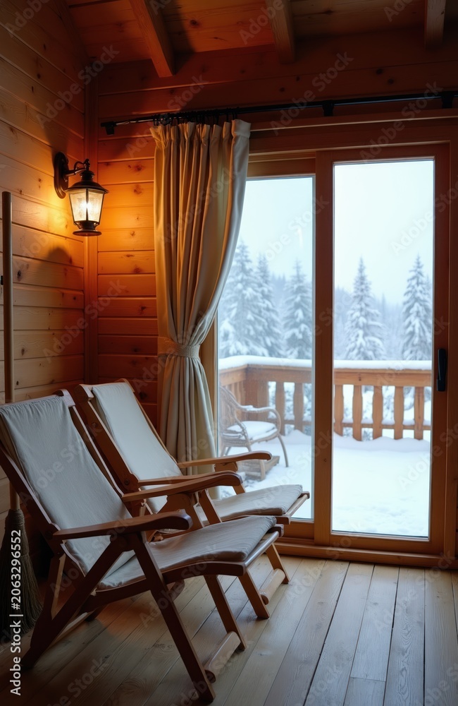 Fototapeta premium Cozy wooden lodge interior with chairs and snowy forest view from terrace. Warm light from lamp on wood panel wall. Chairs face glass door leading to winter landscape.