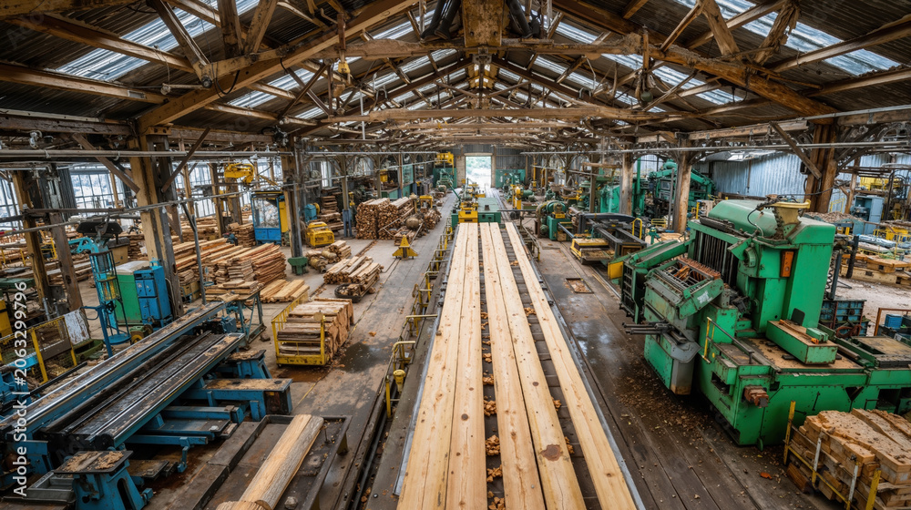 Fototapeta premium Industrial sawmill interior with wooden planks on conveyor belt. Lumber processing factory and timber manufacturing plant. Woodworking production line with heavy machinery