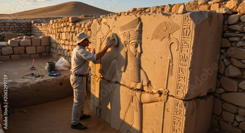 Archaeologist cleaning an ancient Assyrian stone relief in the desert. Historical excavation and discovery concept