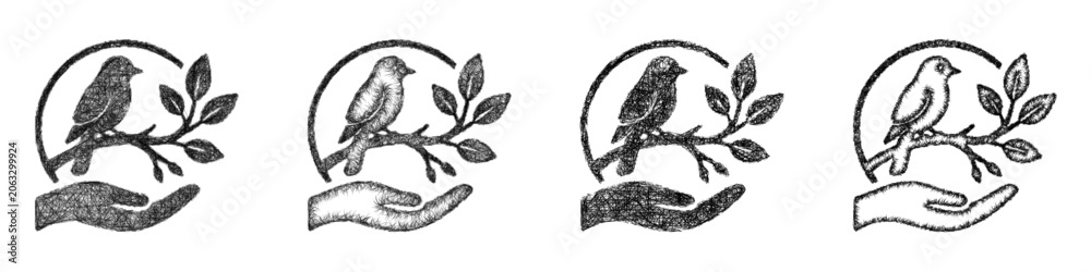 Obraz premium Sketch black and white bird conservation icon design set