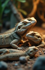 Three bearded dragons rest together on sand substrate in enclosure. Reptiles show detailed scales and textures. Lizards are in zoo or pet habitat.