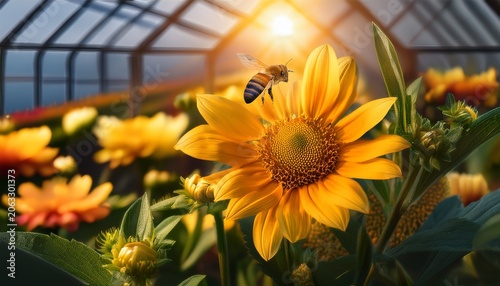bee pollinating flowers in a greenhouse