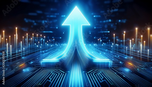 this 3d rendered graphic features a glowing upward arrow over a futuristic circuit board backdrop representing growth progress and positive market trends in a tech focused style