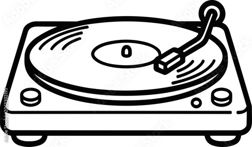 Obraz na plátně Vintage Turntable with Vinyl Record Playing Music - Line Art Illustration