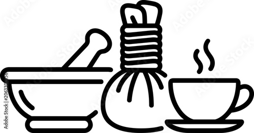 Photography Ayurveda Spa & Wellness Icons: Mortar Pestle, Herbal Compress, Hot Tea Cup