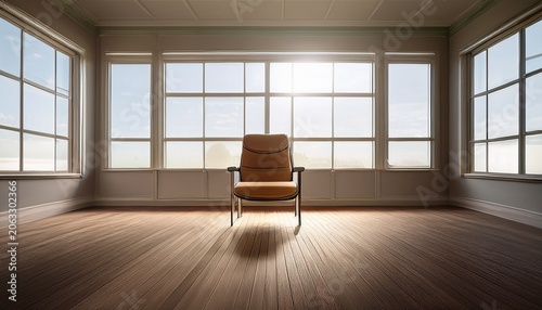 picture of an empty room holding a chair adjacent to expansive window frames