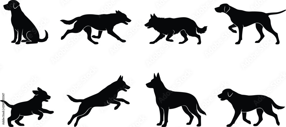 Obraz premium Dog breeds vector silhouette icon set featuring labrador german shepherd and retriever running jumping sitting and walking