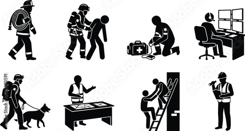 Schilderij op canvas Emergency rescue and first responders vector silhouette icon set featuring firef