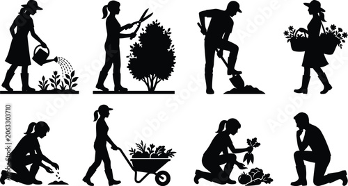 Bild auf Leinwand Gardening and backyard farming vector silhouette icon set featuring watering pla