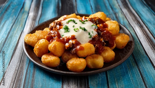 loaded tater tots with chili meat sauce melted cheddar and white sauce