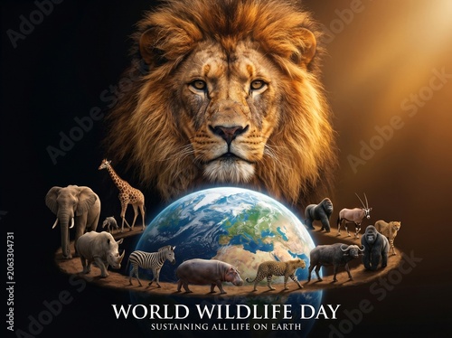 A majestic lion gazes over the globe where diverse wild animals represent nature and our collective commitment to protecting precious biodiversity for the future of our entire planet