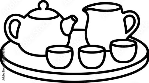Foto Traditional Tea Set: Teapot, Creamer, Cups on Tray - Minimalist Line Art