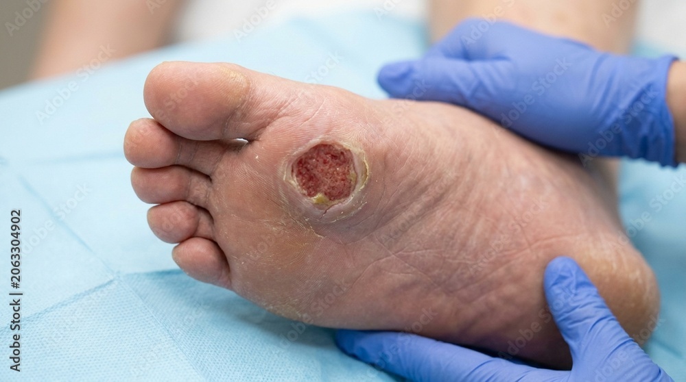 Fototapeta premium Close-up of a diabetic foot ulcer for wound care and diabetes complication documentation