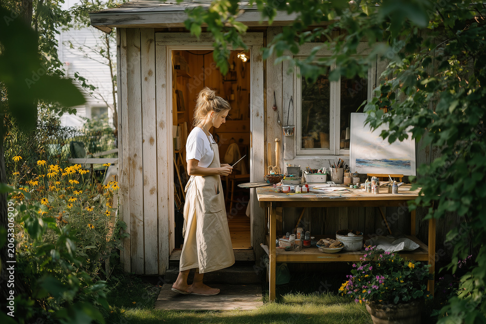 Obraz premium A woman tying her apron before painting in a backyard studio. 