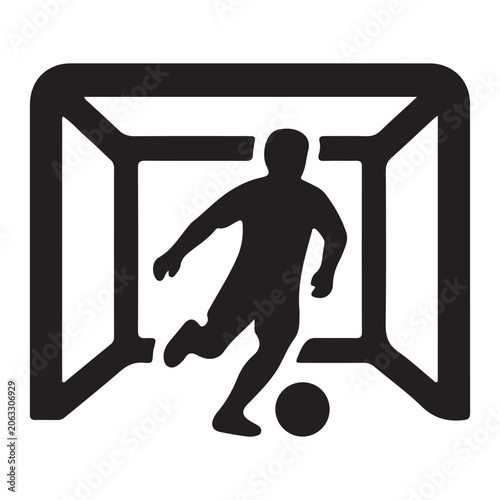 Soccer player silhouette within a goalpost black and white graphic
