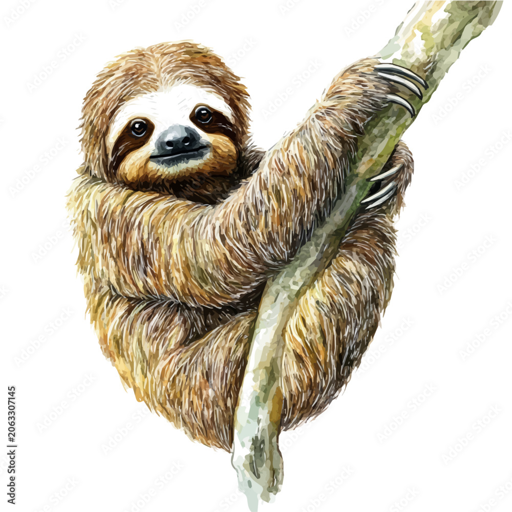 Fototapeta premium Maned Sloth, watercolor clipart showcasing whimsical details and harmonious color flow, isolated on a white background.