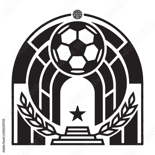 Soccer goal with star and laurel wreath black and white silhouette