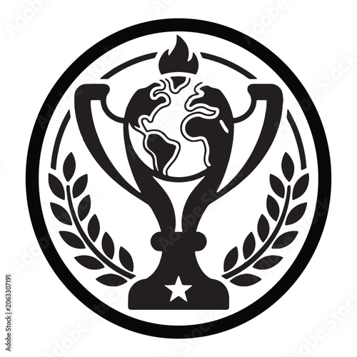 Trophy With Globe Silhouette Black And White Vector Illustration