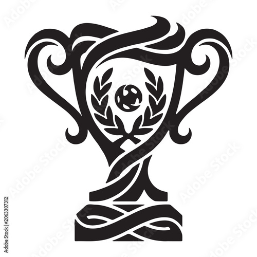 Tribal style trophy silhouette with laurel wreath black and white vector illustration