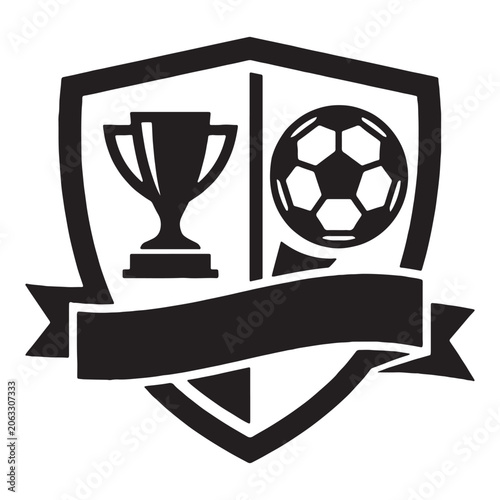 Soccer trophy and ball silhouette within a shield shaped emblem