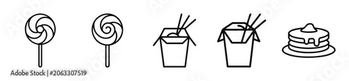 Set of food and dessert icons including lollipops, takeout boxes, and a stack of pancakes