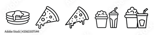 Set of food icons including pancakes, pizza slices, popcorn and soda drinks