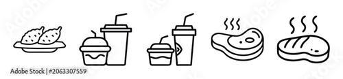 Set of food and drink icons including baked potatoes, fast food meal, steak and grilled meat