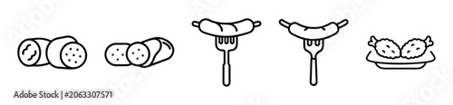 Set of sausage and fried food icons, including sliced salami, sausage on a fork, and fried shrimp on a plate