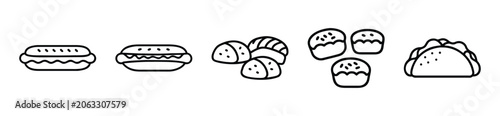 Set of fast food icons including hot dog, sandwich, bread rolls, muffins and taco isolated on white background