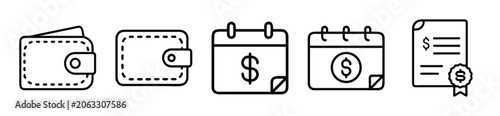 Set of financial icons including wallet, calendar with dollar sign and document with seal