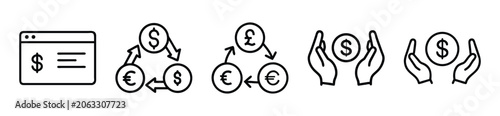 Set of finance and money icons including web banking, currency exchange, and savings symbols