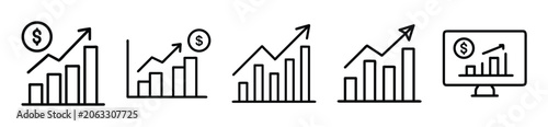 Set of financial growth icons, bar charts with rising arrows and dollar signs, business analytics vector collection