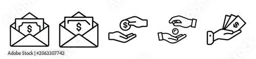 Set of money and payment icons, including envelope with cash, coin transaction, and hand holding banknotes