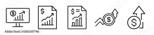 Set of financial growth icons, business charts and money signs, digital dashboard and report document symbols