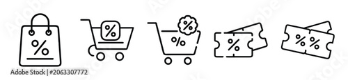Set of discount icons, shopping bag, shopping cart and coupon tickets with percentage sign