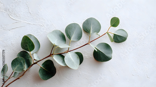 eucalyptus branches on white textured background, botanical flat lay, minimalist wellness aesthetic, natural soft light